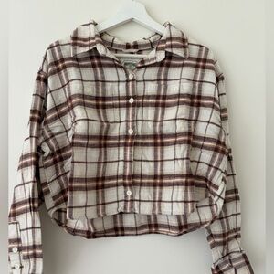 American Eagle Outfitters Cream and Brown Plaid Shirt